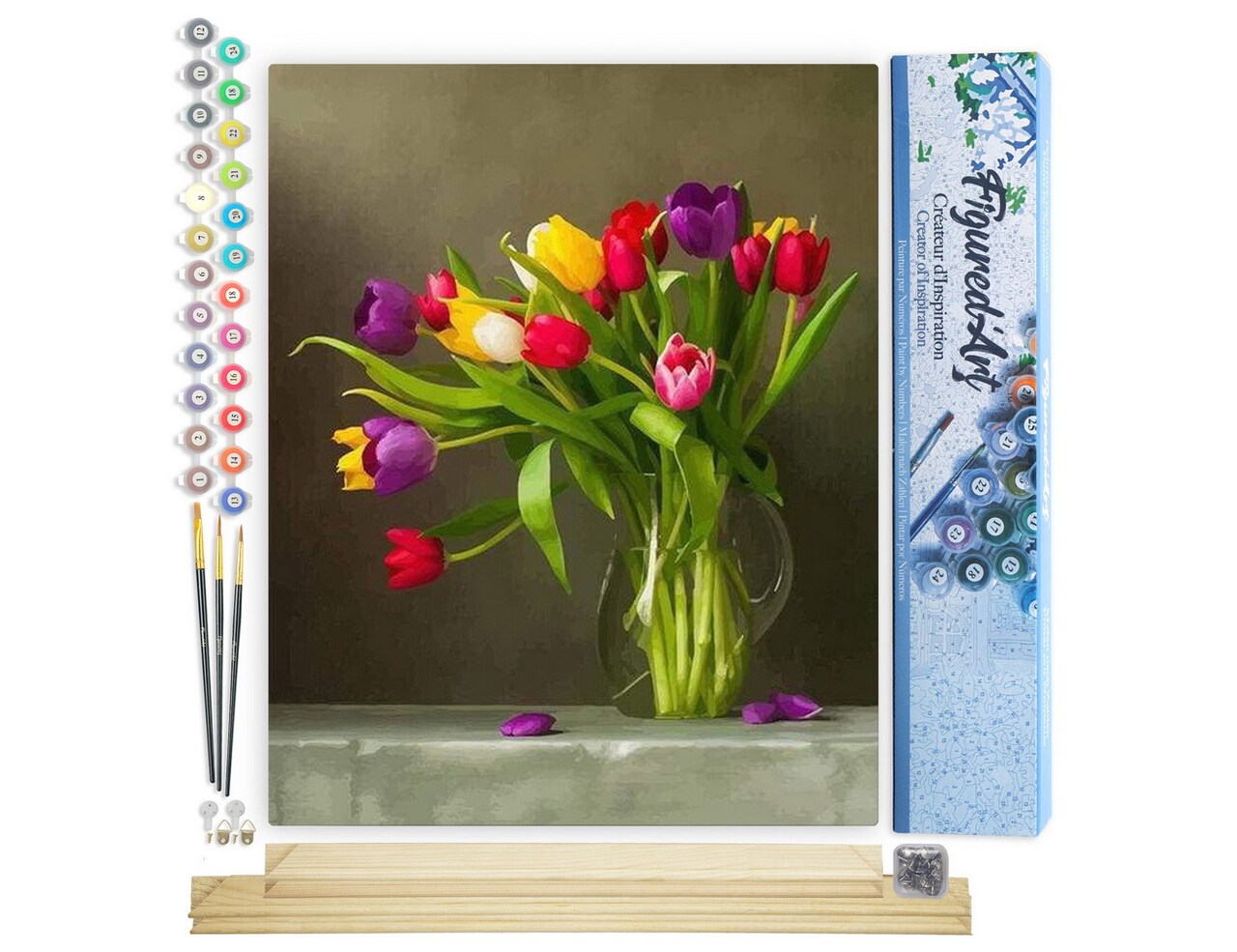 Figured'Art Paint by Numbers Kit for Adults Multicolored Flowers 16"x20" - Craft Art Painting Rolled Canvas with DIY wooden frame